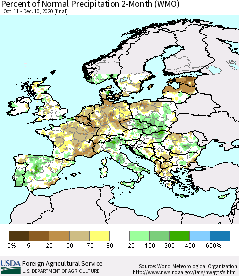 Europe Percent of Normal Precipitation 2-Month (WMO) Thematic Map For 10/11/2020 - 12/10/2020
