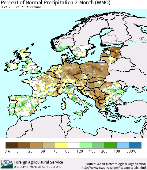 Europe Percent of Normal Precipitation 2-Month (WMO) Thematic Map For 10/21/2020 - 12/20/2020