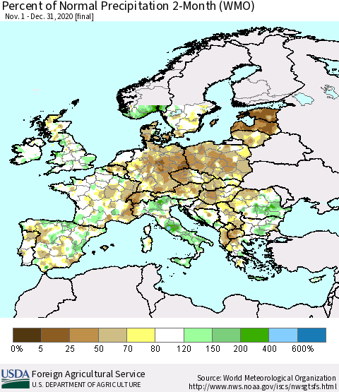 Europe Percent of Normal Precipitation 2-Month (WMO) Thematic Map For 11/1/2020 - 12/31/2020