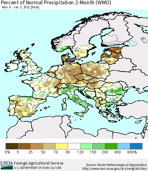 Europe Percent of Normal Precipitation 2-Month (WMO) Thematic Map For 11/6/2020 - 1/5/2021