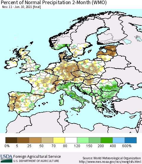 Europe Percent of Normal Precipitation 2-Month (WMO) Thematic Map For 11/11/2020 - 1/10/2021
