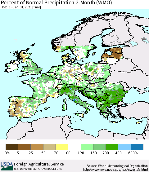 Europe Percent of Normal Precipitation 2-Month (WMO) Thematic Map For 12/1/2020 - 1/31/2021