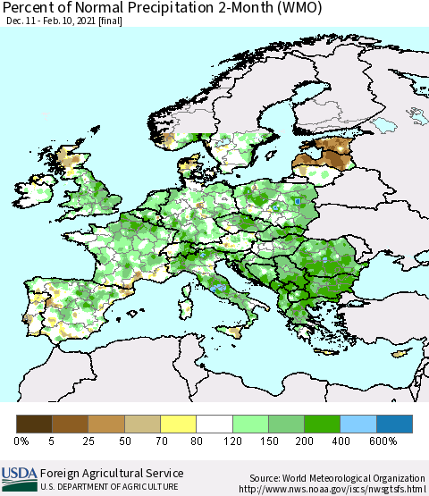Europe Percent of Normal Precipitation 2-Month (WMO) Thematic Map For 12/11/2020 - 2/10/2021