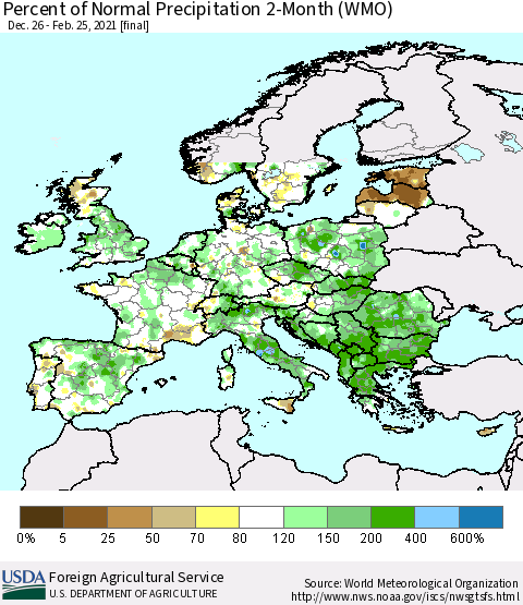 Europe Percent of Normal Precipitation 2-Month (WMO) Thematic Map For 12/26/2020 - 2/25/2021