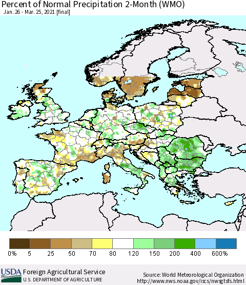 Europe Percent of Normal Precipitation 2-Month (WMO) Thematic Map For 1/26/2021 - 3/25/2021