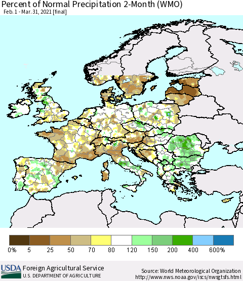Europe Percent of Normal Precipitation 2-Month (WMO) Thematic Map For 2/1/2021 - 3/31/2021