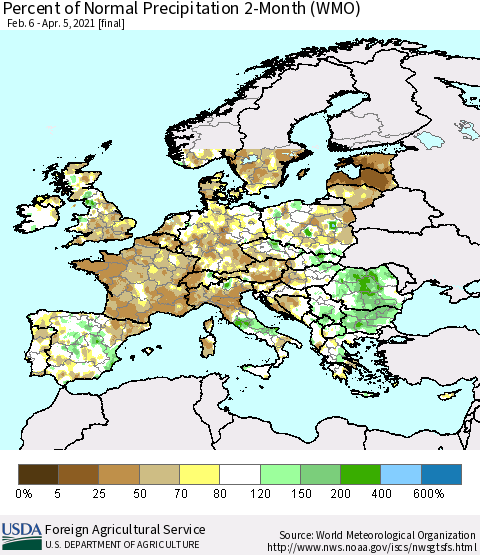 Europe Percent of Normal Precipitation 2-Month (WMO) Thematic Map For 2/6/2021 - 4/5/2021