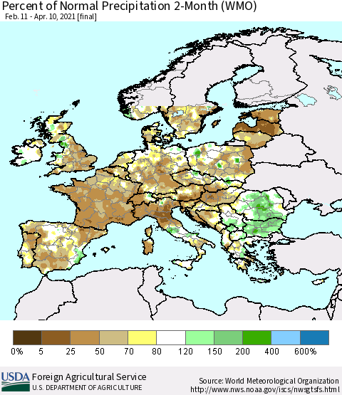 Europe Percent of Normal Precipitation 2-Month (WMO) Thematic Map For 2/11/2021 - 4/10/2021