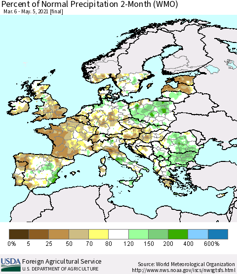 Europe Percent of Normal Precipitation 2-Month (WMO) Thematic Map For 3/6/2021 - 5/5/2021