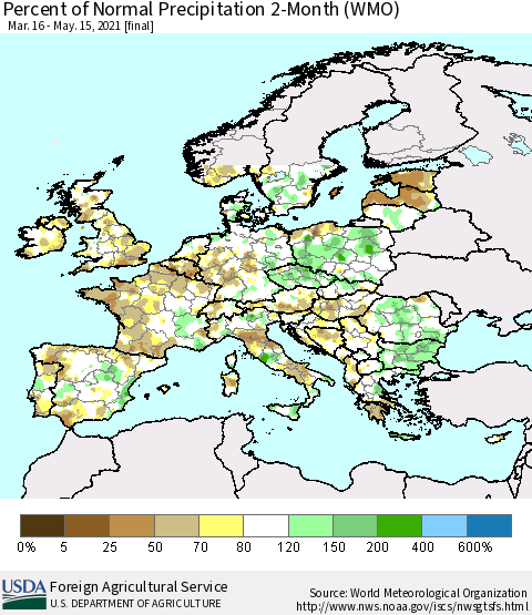 Europe Percent of Normal Precipitation 2-Month (WMO) Thematic Map For 3/16/2021 - 5/15/2021