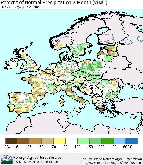 Europe Percent of Normal Precipitation 2-Month (WMO) Thematic Map For 3/21/2021 - 5/20/2021