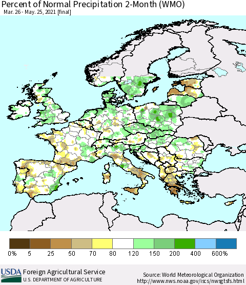 Europe Percent of Normal Precipitation 2-Month (WMO) Thematic Map For 3/26/2021 - 5/25/2021
