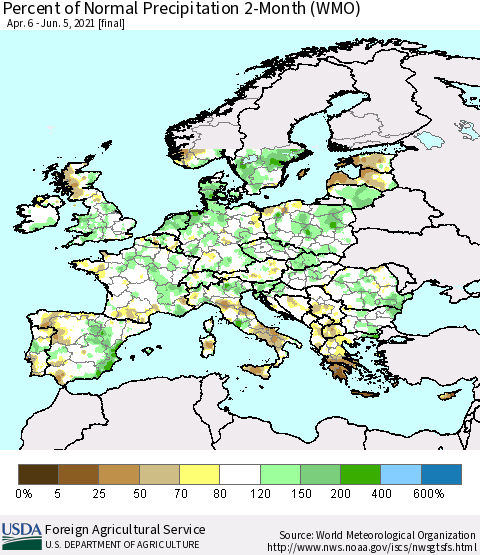 Europe Percent of Normal Precipitation 2-Month (WMO) Thematic Map For 4/6/2021 - 6/5/2021