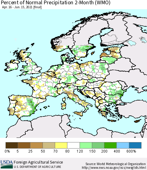 Europe Percent of Normal Precipitation 2-Month (WMO) Thematic Map For 4/16/2021 - 6/15/2021