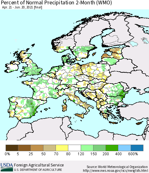 Europe Percent of Normal Precipitation 2-Month (WMO) Thematic Map For 4/21/2021 - 6/20/2021