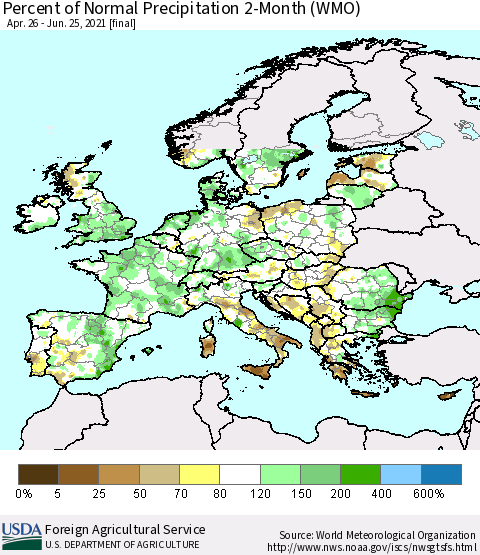 Europe Percent of Normal Precipitation 2-Month (WMO) Thematic Map For 4/26/2021 - 6/25/2021