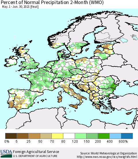 Europe Percent of Normal Precipitation 2-Month (WMO) Thematic Map For 5/1/2021 - 6/30/2021