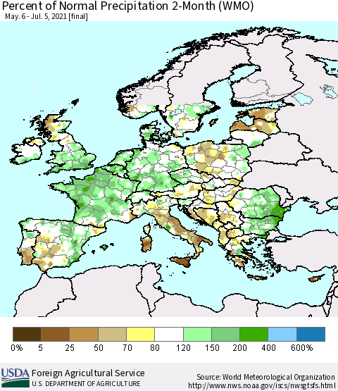 Europe Percent of Normal Precipitation 2-Month (WMO) Thematic Map For 5/6/2021 - 7/5/2021