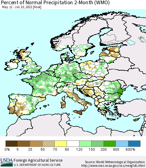 Europe Percent of Normal Precipitation 2-Month (WMO) Thematic Map For 5/11/2021 - 7/10/2021