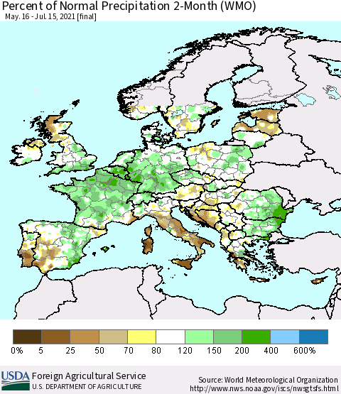 Europe Percent of Normal Precipitation 2-Month (WMO) Thematic Map For 5/16/2021 - 7/15/2021