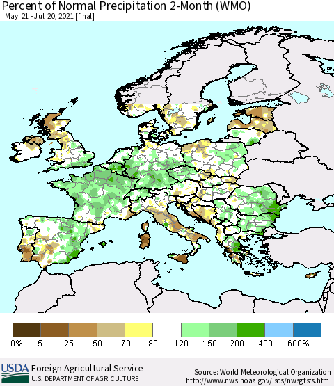 Europe Percent of Normal Precipitation 2-Month (WMO) Thematic Map For 5/21/2021 - 7/20/2021