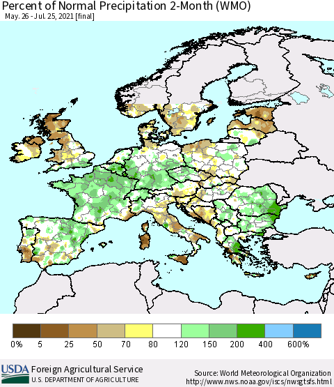 Europe Percent of Normal Precipitation 2-Month (WMO) Thematic Map For 5/26/2021 - 7/25/2021