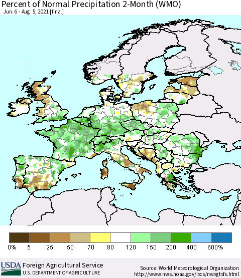 Europe Percent of Normal Precipitation 2-Month (WMO) Thematic Map For 6/6/2021 - 8/5/2021