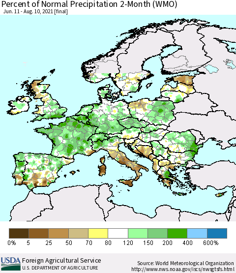 Europe Percent of Normal Precipitation 2-Month (WMO) Thematic Map For 6/11/2021 - 8/10/2021