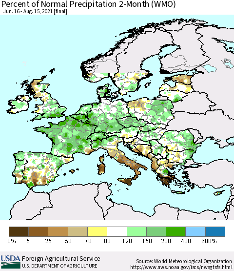 Europe Percent of Normal Precipitation 2-Month (WMO) Thematic Map For 6/16/2021 - 8/15/2021