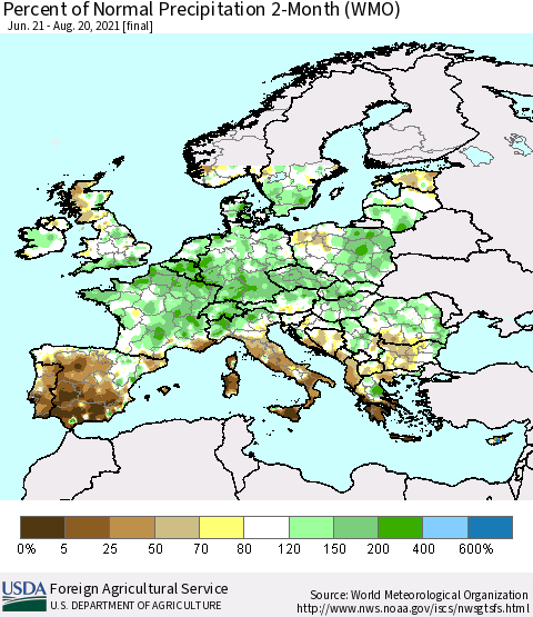 Europe Percent of Normal Precipitation 2-Month (WMO) Thematic Map For 6/21/2021 - 8/20/2021