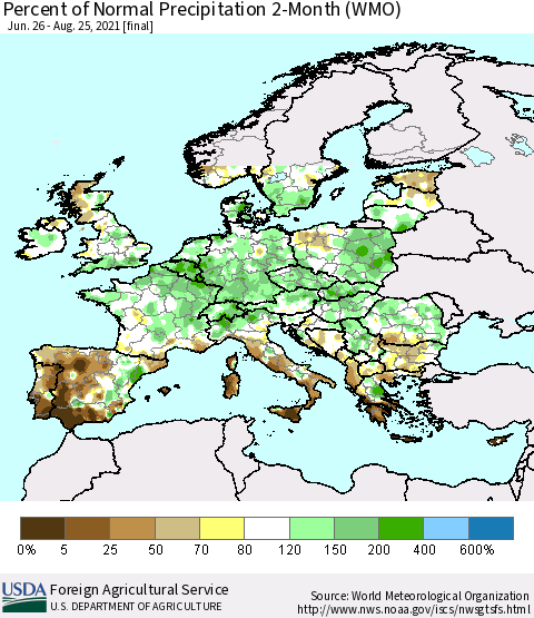 Europe Percent of Normal Precipitation 2-Month (WMO) Thematic Map For 6/26/2021 - 8/25/2021