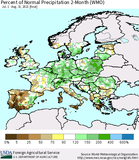 Europe Percent of Normal Precipitation 2-Month (WMO) Thematic Map For 7/1/2021 - 8/31/2021