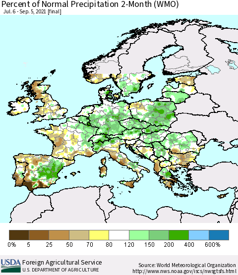 Europe Percent of Normal Precipitation 2-Month (WMO) Thematic Map For 7/6/2021 - 9/5/2021