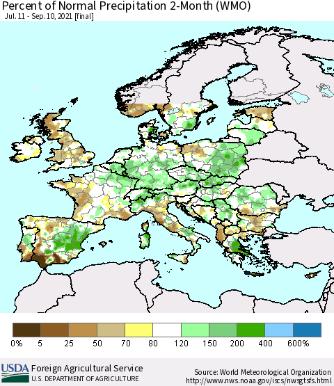 Europe Percent of Normal Precipitation 2-Month (WMO) Thematic Map For 7/11/2021 - 9/10/2021