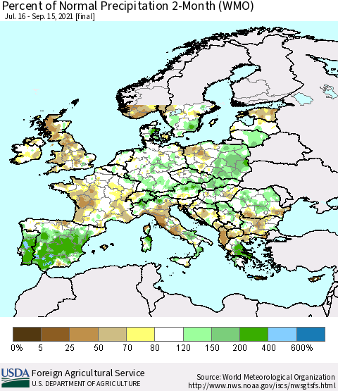 Europe Percent of Normal Precipitation 2-Month (WMO) Thematic Map For 7/16/2021 - 9/15/2021