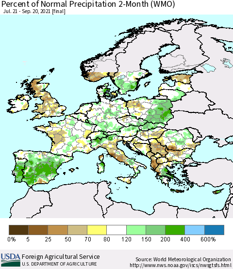 Europe Percent of Normal Precipitation 2-Month (WMO) Thematic Map For 7/21/2021 - 9/20/2021