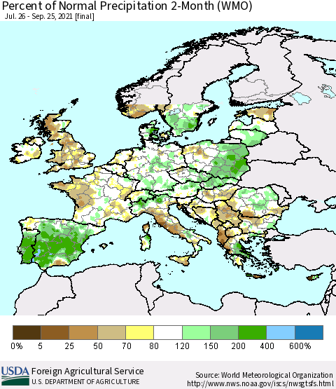 Europe Percent of Normal Precipitation 2-Month (WMO) Thematic Map For 7/26/2021 - 9/25/2021
