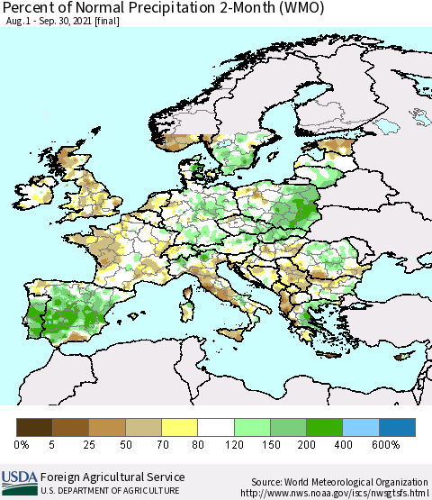 Europe Percent of Normal Precipitation 2-Month (WMO) Thematic Map For 8/1/2021 - 9/30/2021