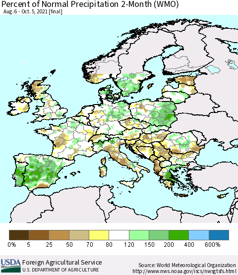 Europe Percent of Normal Precipitation 2-Month (WMO) Thematic Map For 8/6/2021 - 10/5/2021