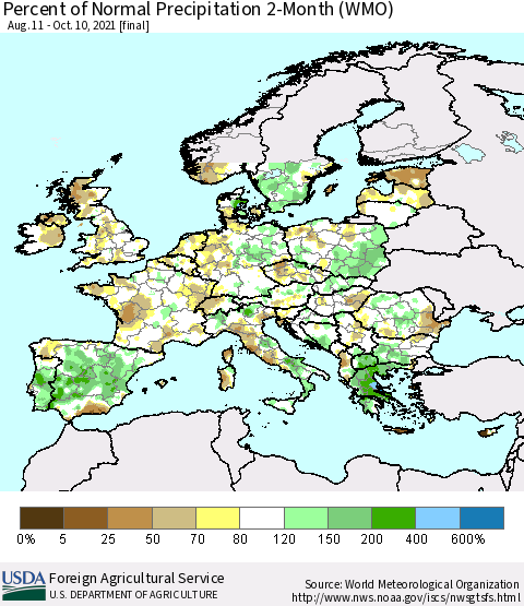 Europe Percent of Normal Precipitation 2-Month (WMO) Thematic Map For 8/11/2021 - 10/10/2021