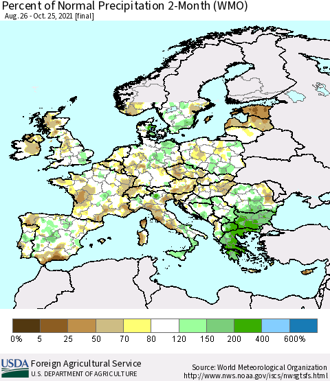 Europe Percent of Normal Precipitation 2-Month (WMO) Thematic Map For 8/26/2021 - 10/25/2021