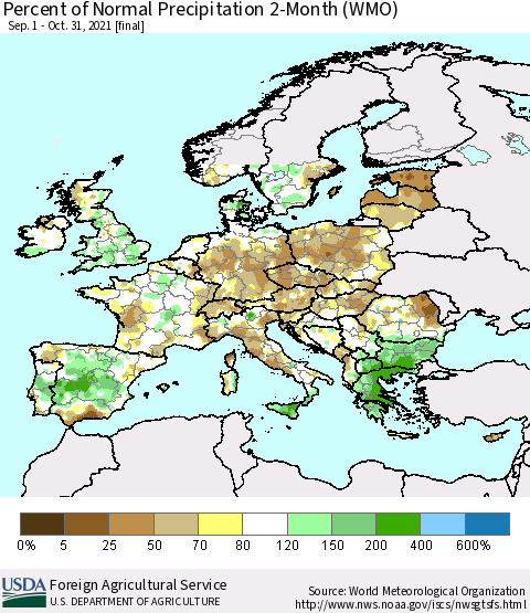 Europe Percent of Normal Precipitation 2-Month (WMO) Thematic Map For 9/1/2021 - 10/31/2021