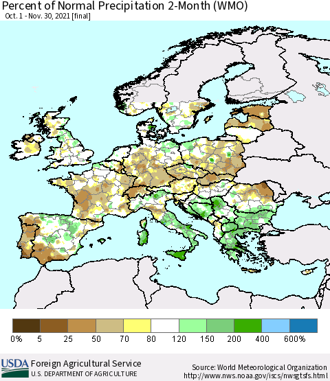 Europe Percent of Normal Precipitation 2-Month (WMO) Thematic Map For 10/1/2021 - 11/30/2021