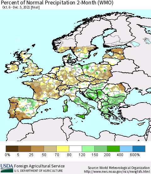 Europe Percent of Normal Precipitation 2-Month (WMO) Thematic Map For 10/6/2021 - 12/5/2021