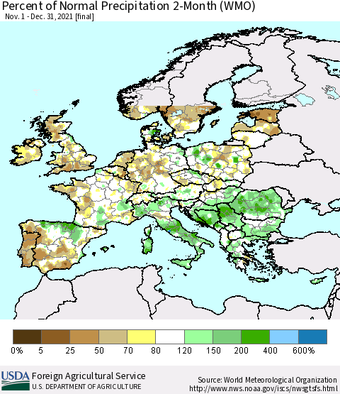 Europe Percent of Normal Precipitation 2-Month (WMO) Thematic Map For 11/1/2021 - 12/31/2021