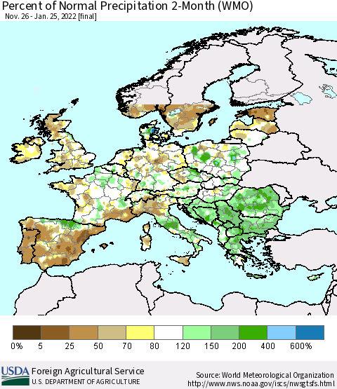 Europe Percent of Normal Precipitation 2-Month (WMO) Thematic Map For 11/26/2021 - 1/25/2022