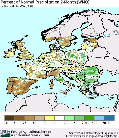 Europe Percent of Normal Precipitation 2-Month (WMO) Thematic Map For 12/1/2021 - 1/31/2022