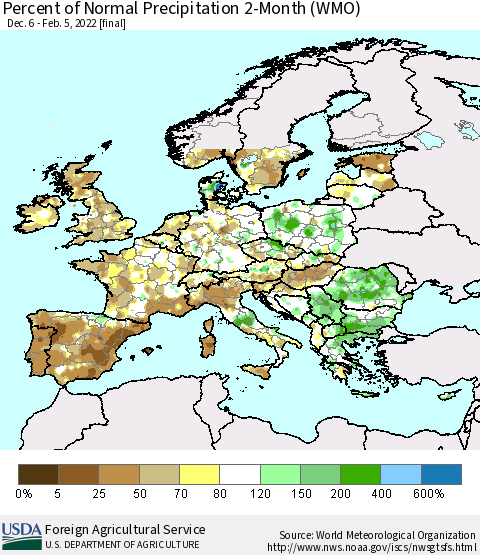 Europe Percent of Normal Precipitation 2-Month (WMO) Thematic Map For 12/6/2021 - 2/5/2022