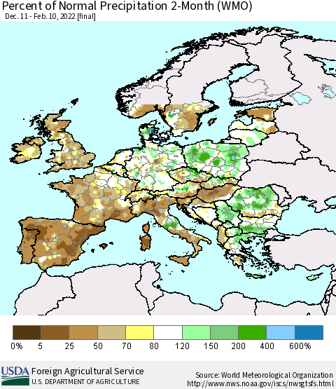 Europe Percent of Normal Precipitation 2-Month (WMO) Thematic Map For 12/11/2021 - 2/10/2022