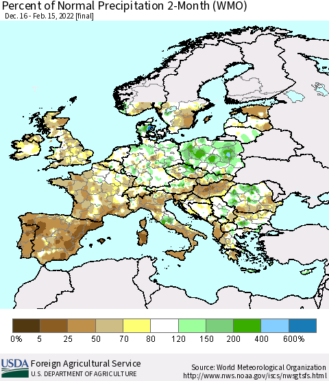 Europe Percent of Normal Precipitation 2-Month (WMO) Thematic Map For 12/16/2021 - 2/15/2022